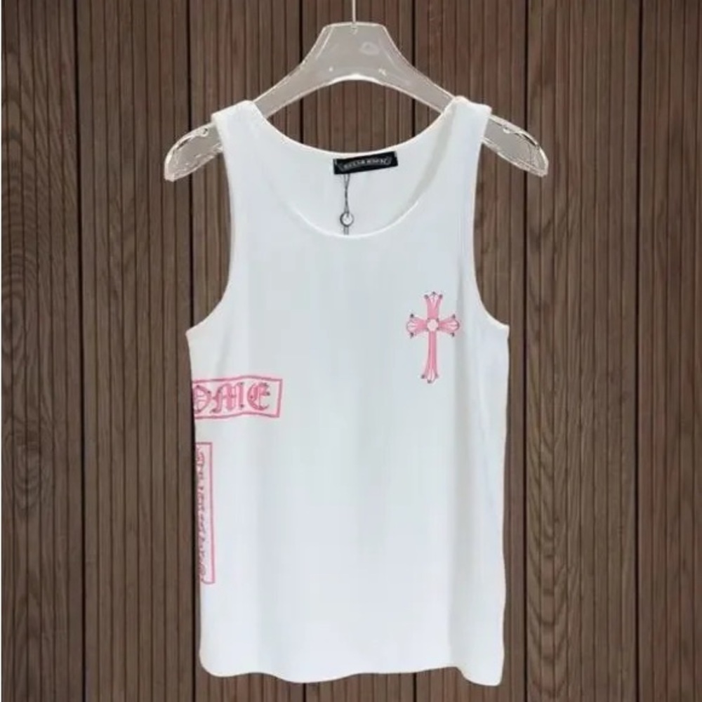 Chrome Hearts White Tank Top with Pink Details